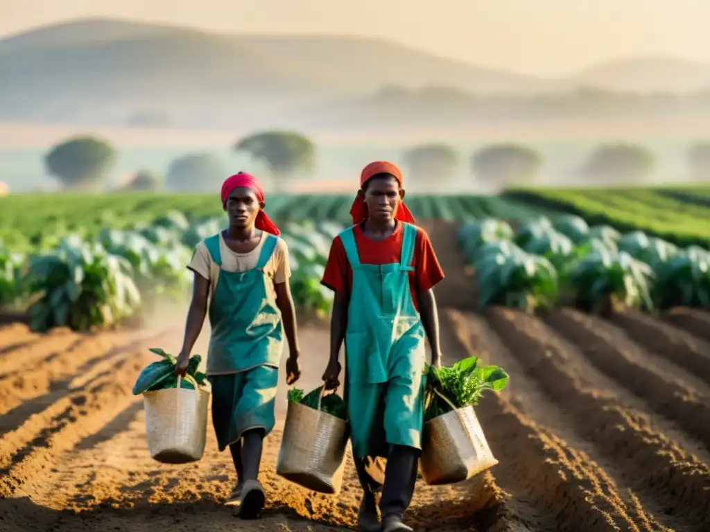 Niños trabajando en el campo bajo el sol, mostrando determinación y agotamiento