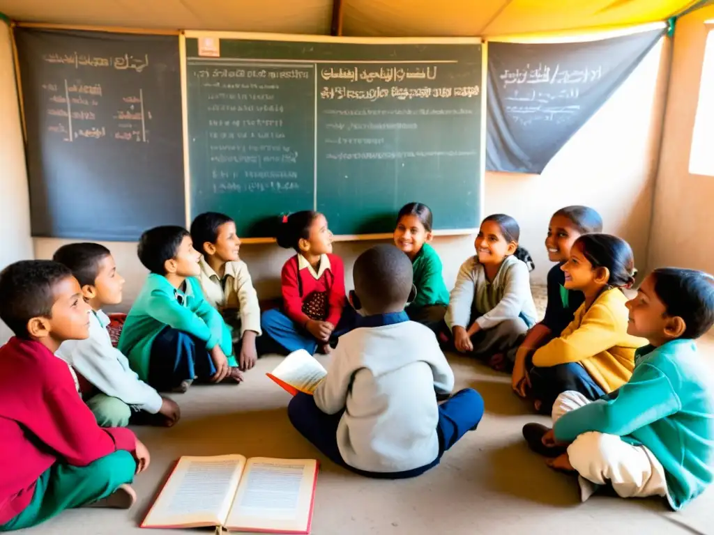 Niños en círculo aprendiendo en refugio con métodos educativos alternativos entornos hostiles