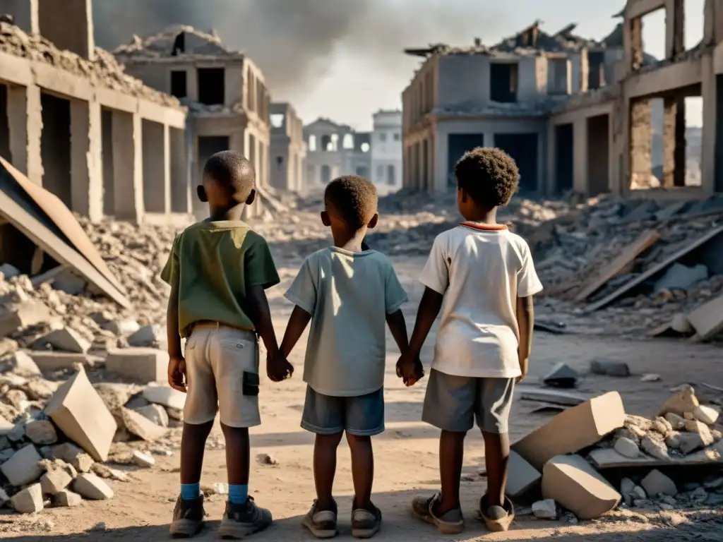 Niños en ciudad destruida por conflictos, mirando al horizonte con mezcla de miedo y esperanza