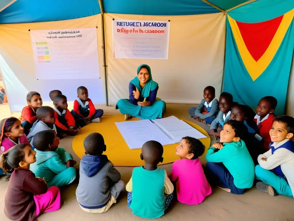 Niños en clase en campamento de refugiados, rodeados de materiales educativos