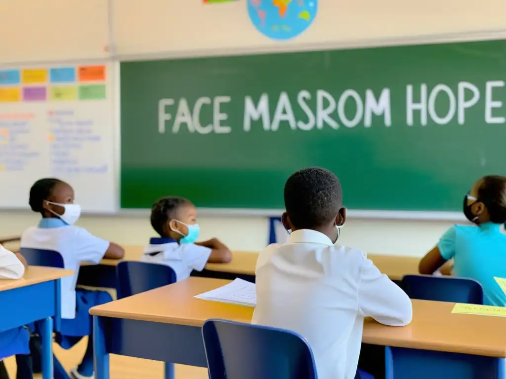 Niños en clase con mascarillas, aprendiendo con esperanza y resiliencia frente a las consecuencias pandémicas en la educación global