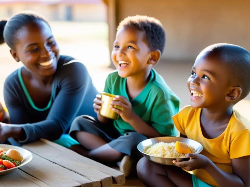 Niños disfrutan comida nutritiva en programa que combate malnutrición infantil, con luz dorada y ambiente cálido