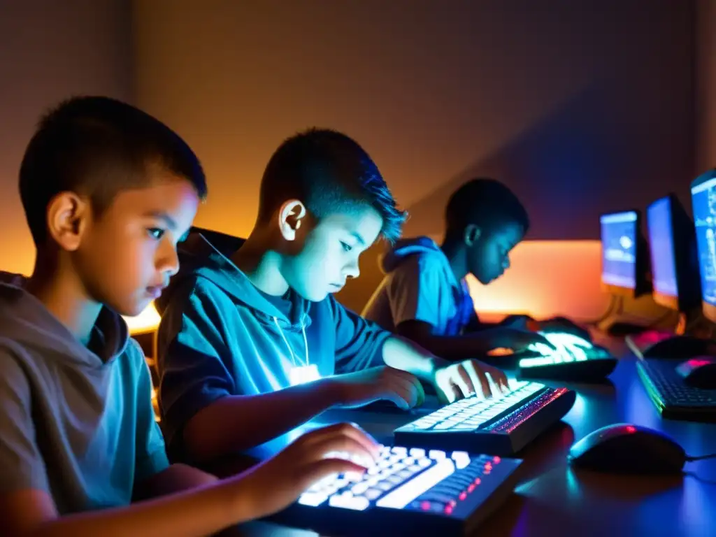 Niños trabajando en computadoras en una habitación tenue, reflejando la dura realidad del trabajo infantil en la era digital