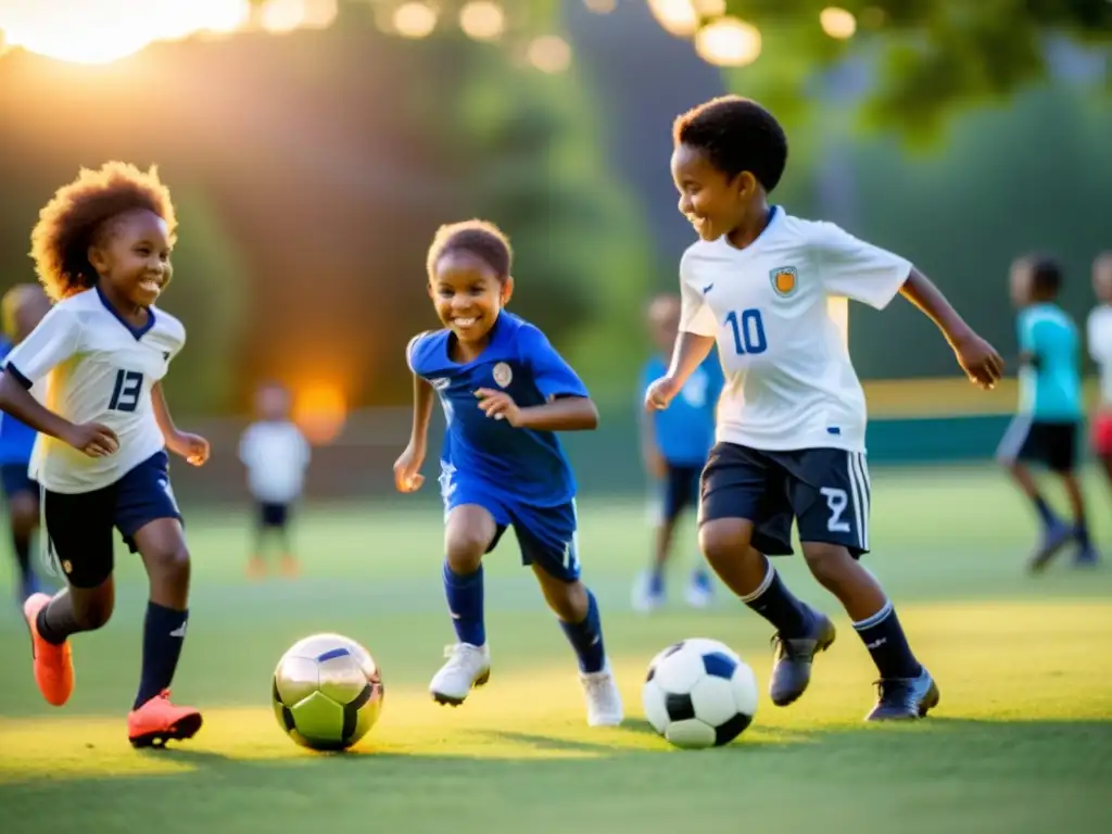 Niños de comunidad diversa juegan fútbol en el parque, con padres y vecinos alentándolos