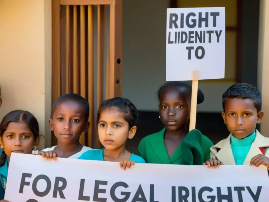 Niños de comunidad marginada exigiendo derechos humanos infantes sin registro en oficina gubernamental