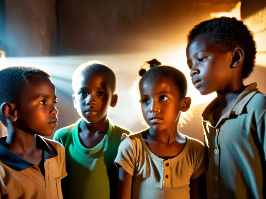 Niños en comunidad pobre se unen en la penumbra para actividad educativa, reflejando esperanza en medio de la pobreza