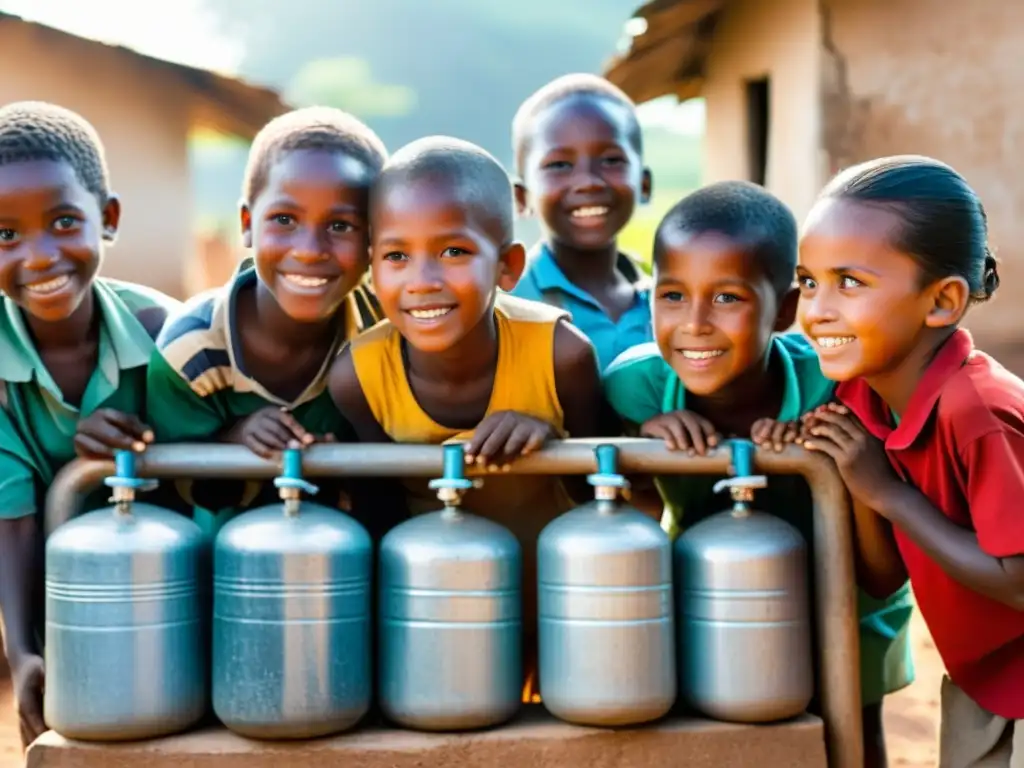 Niños de comunidad rural llenando jarras con agua potable en pozo comunal, expresando esperanza y gratitud por vital recurso