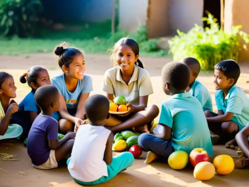 Niños aprendiendo sobre nutrición en comunidad rural