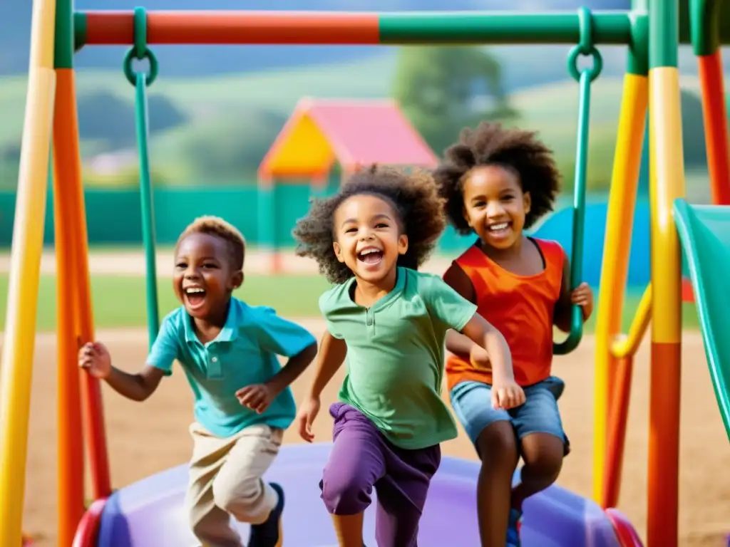 Niños de distintas culturas juegan en un alegre parque, simbolizando la restauración de derechos infancia posconflicto