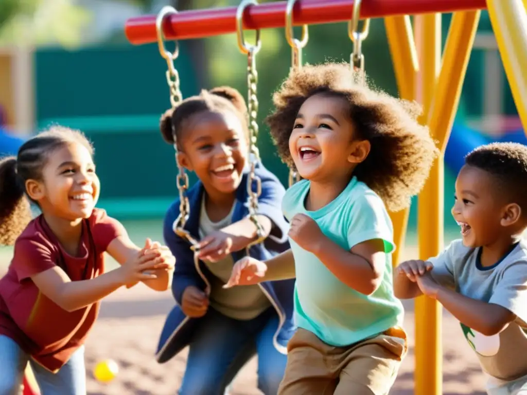 Niños de diversas culturas y etnias juegan alegremente en un parque, cumpliendo Convención Derechos Niño