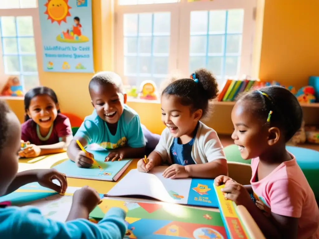 Niños de diferentes culturas juegan felices en un espacio protegido por UNICEF, rodeados de materiales educativos