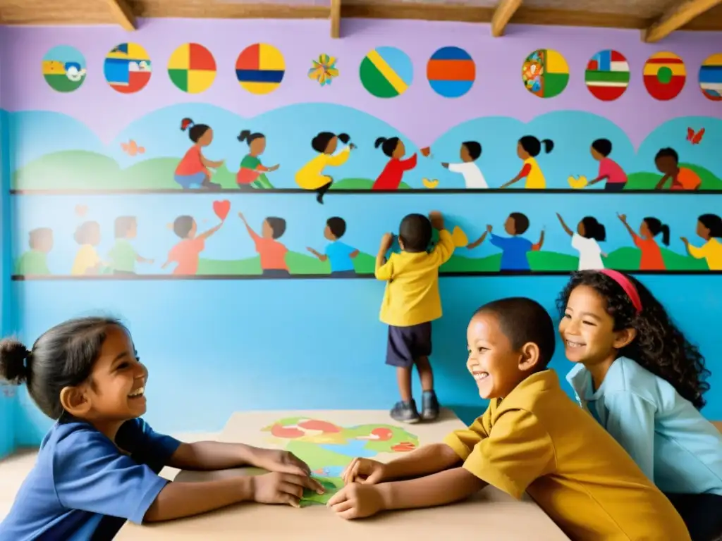 Niños de diferentes culturas juegan y aprenden juntos en un centro comunitario de UNICEF, con murales coloridos que representan cooperación y amistad