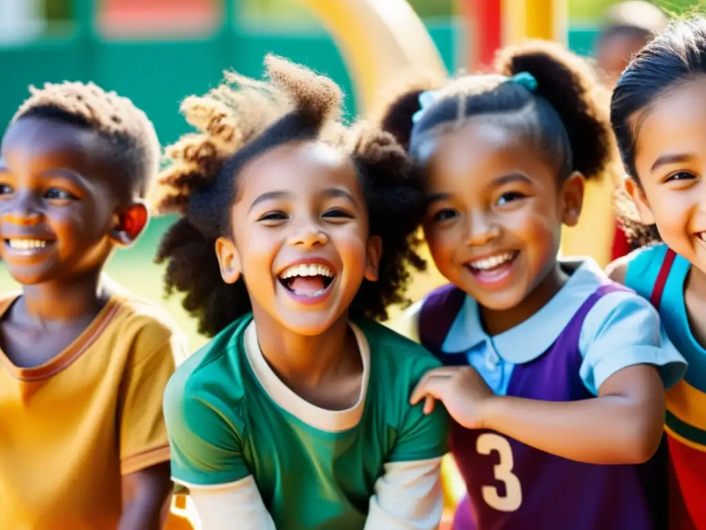 Niños de diversas culturas juegan y ríen juntos en el patio escolar, reconociendo derechos niños transgénero