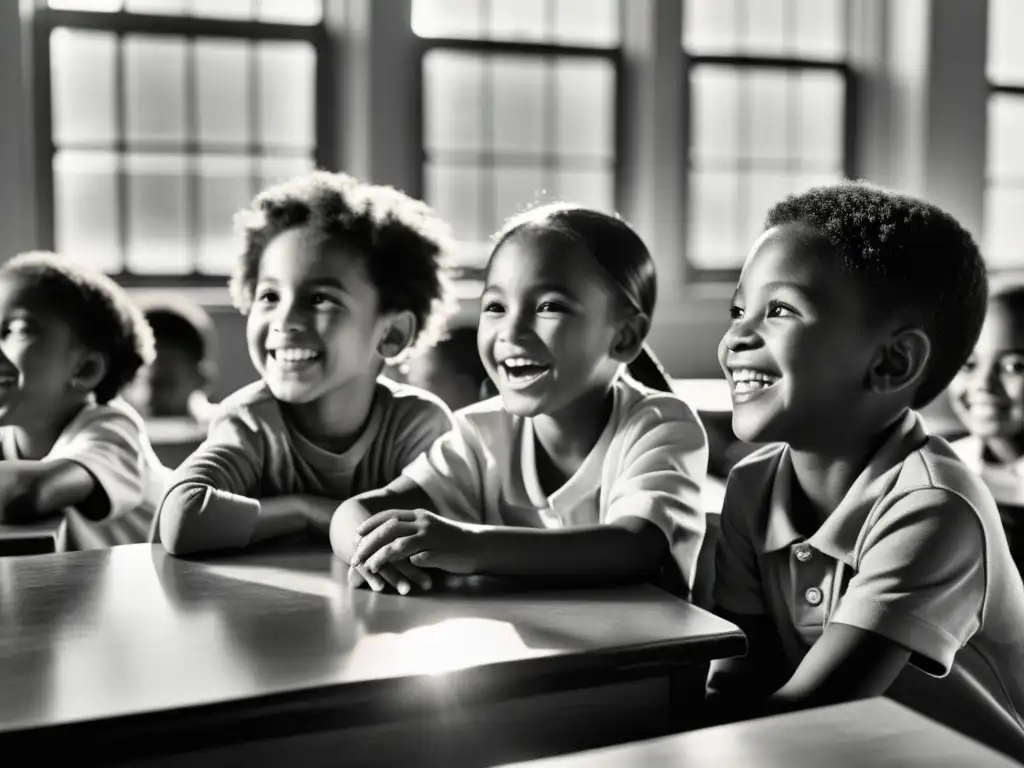 Niños de diferentes culturas aprendiendo juntos con alegría Niños de diferentes culturas sonrientes en clase, simbolizando la influencia UNESCO en la protección del derecho humano a la educación