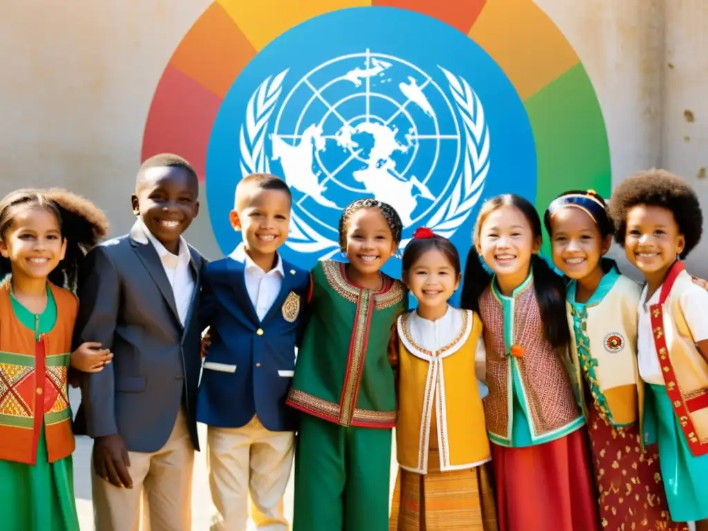 Niños de diferentes culturas y tradiciones sostienen manos frente a la ONU, transmitiendo unidad y esperanza