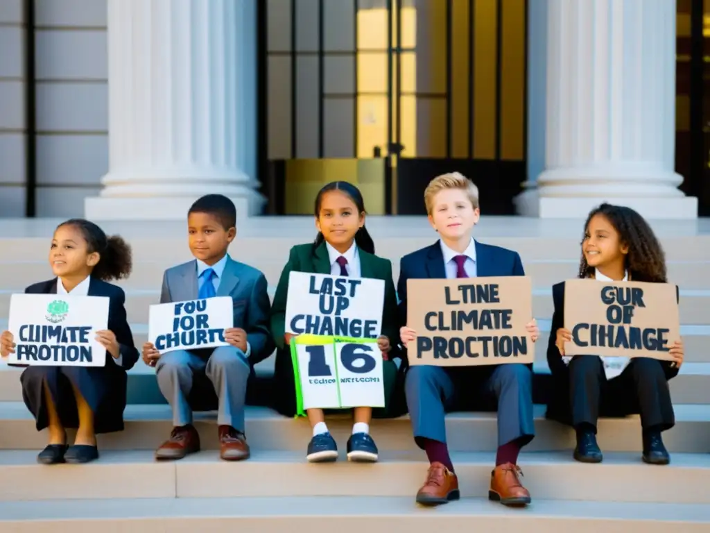 Niños defienden sus derechos en manifestación por cambio climático, rodeados de activistas y abogados