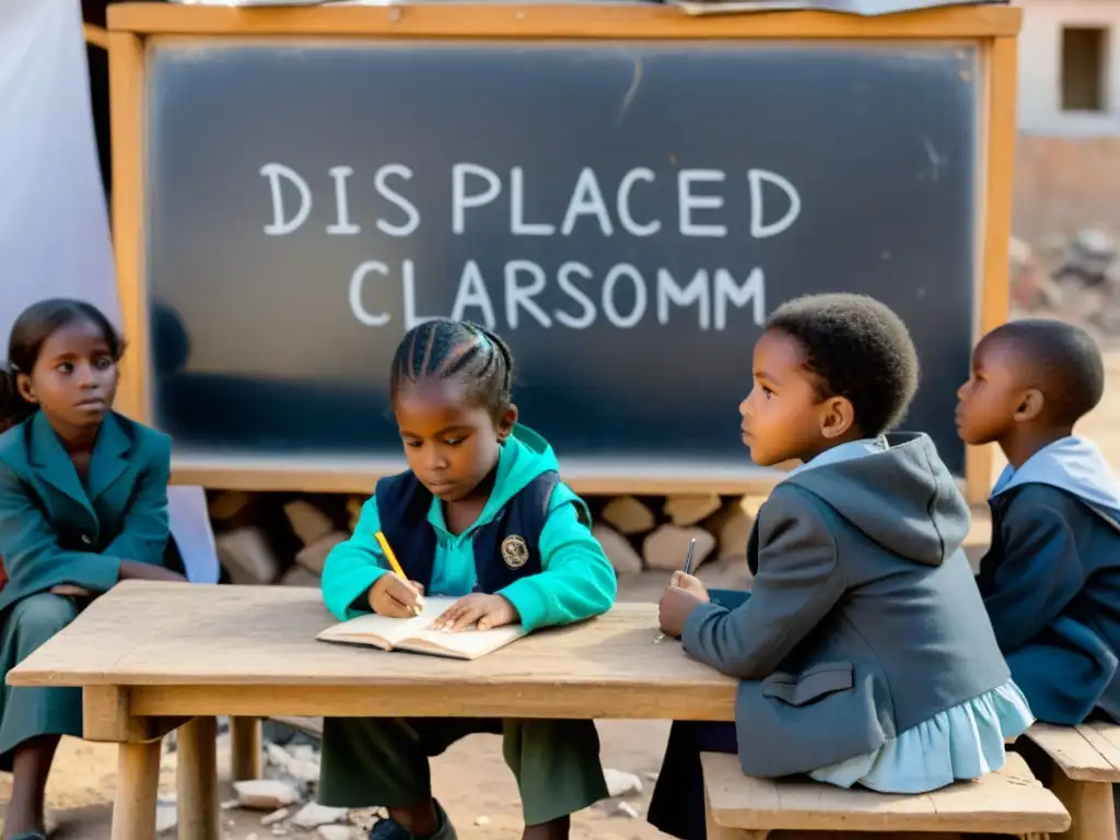 Niños desplazados estudian al aire libre entre escombros, mostrando esperanza y el rol de la educación en desplazados