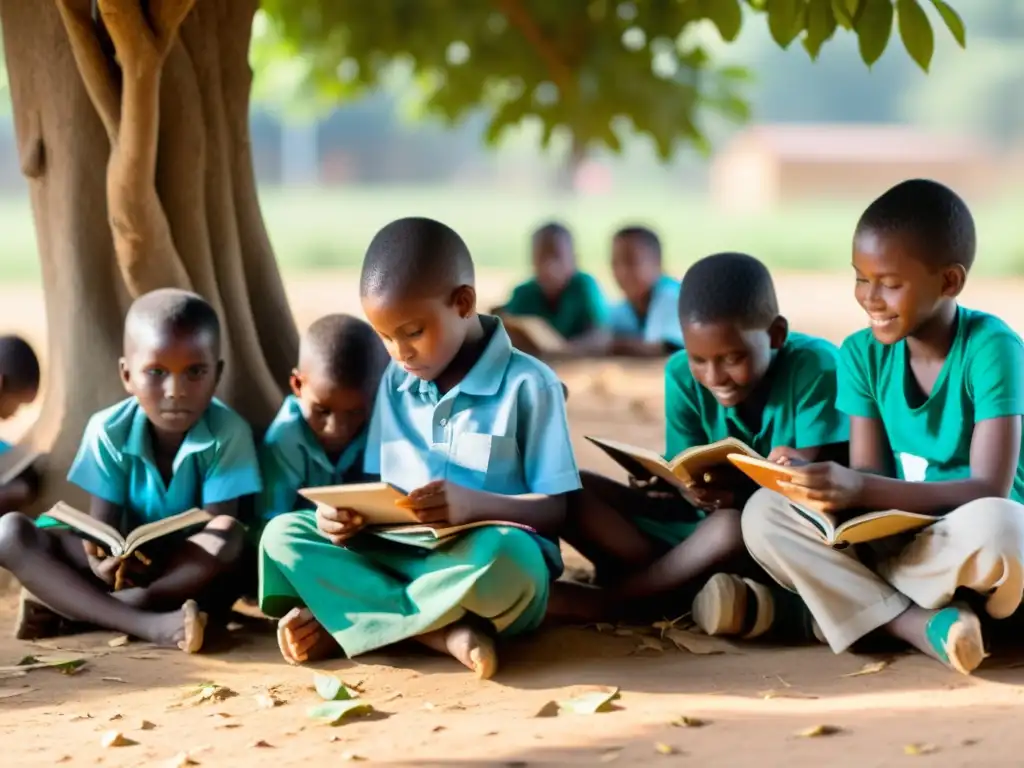 Niños desplazados estudian bajo un árbol con educación móvil, mostrando resiliencia y determinación