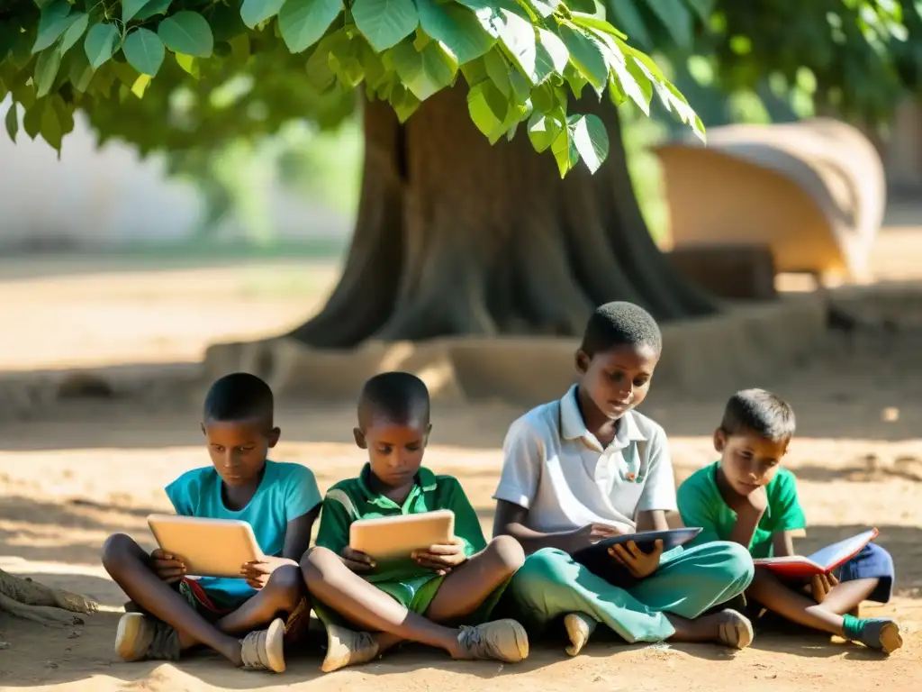 Niños desplazados estudian con tablets bajo un árbol