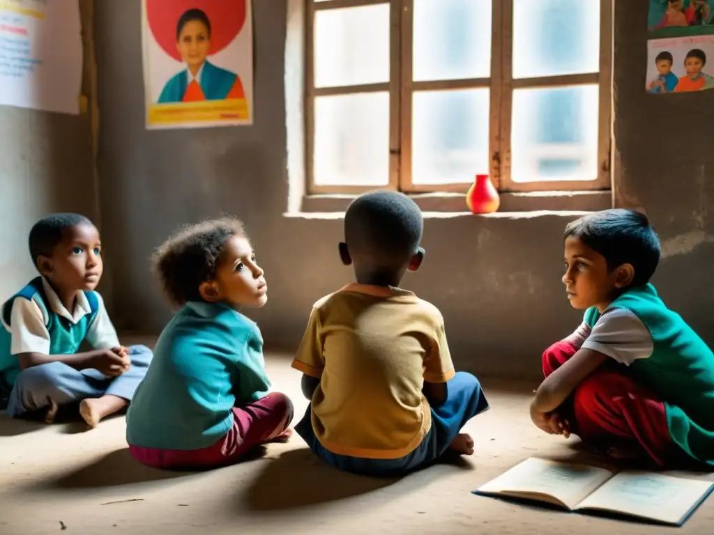 Niños desplazados participan con entusiasmo en clase, mostrando esperanza y determinación en escenario de retos educativos y derechos humanos