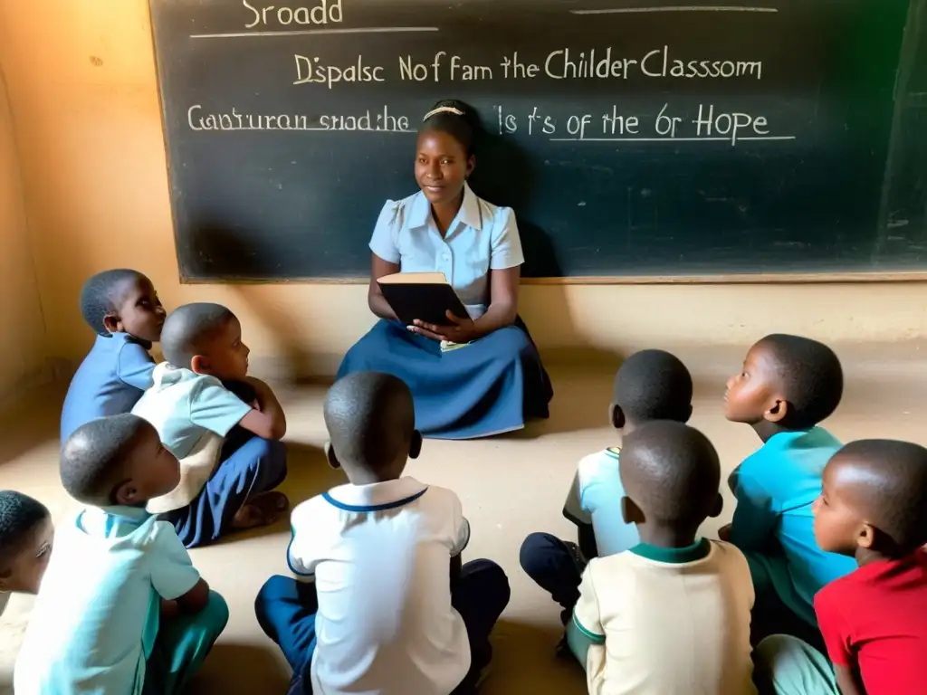 Niños desplazados aprenden con esperanza en aula improvisada, tecnología puente educativo víctimas desplazamiento forzado