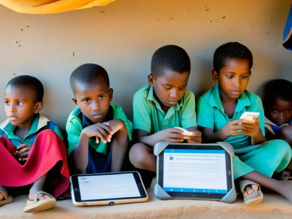 Niños desplazados aprenden con tablets en refugio, mostrando esperanza y determinación