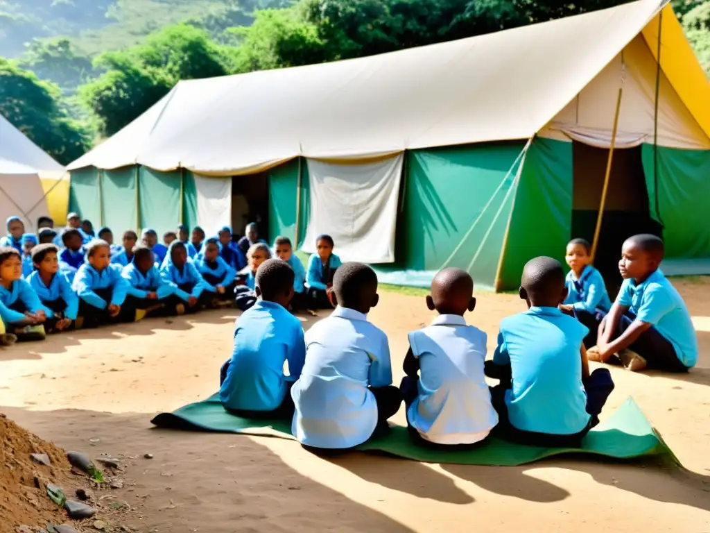 Niños en desplazamiento participan con determinación en clase al aire libre, destacando desafíos educativos