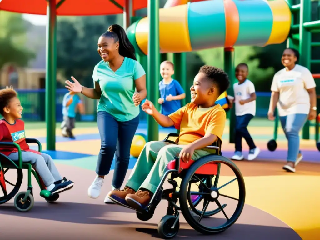 Diversos niños con discapacidad juegan felices en un parque inclusivo, rodeados de apoyo y alegría