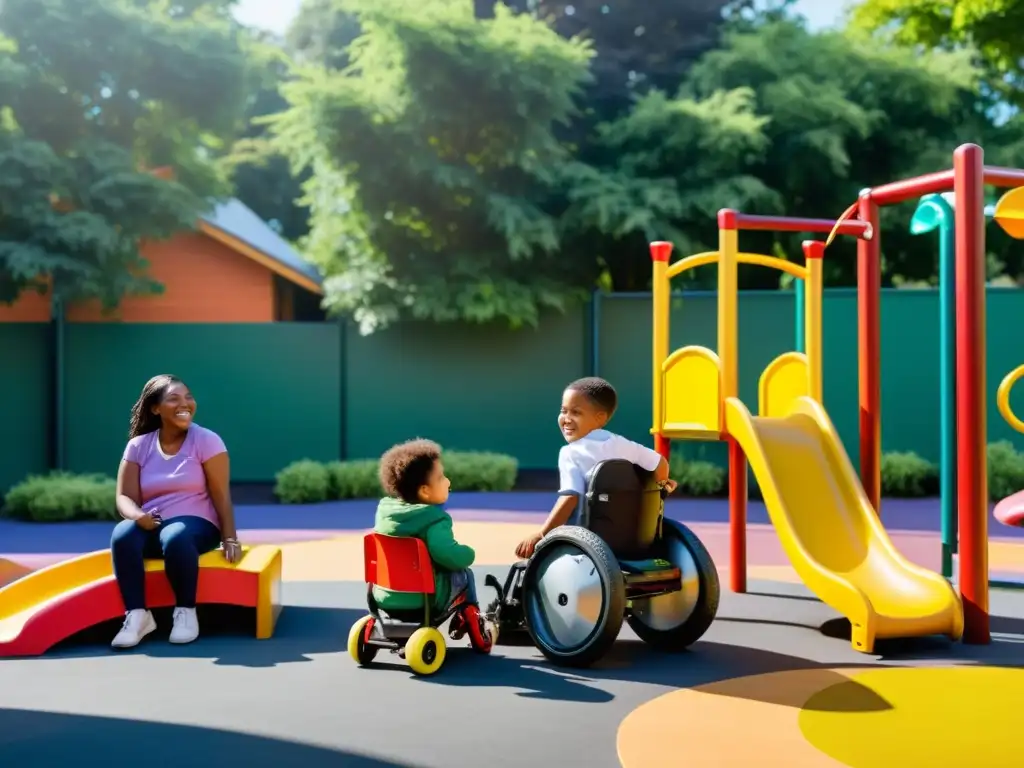 Niños con discapacidad disfrutan juntos en un parque inclusivo, representando los derechos humanos y la diversidad