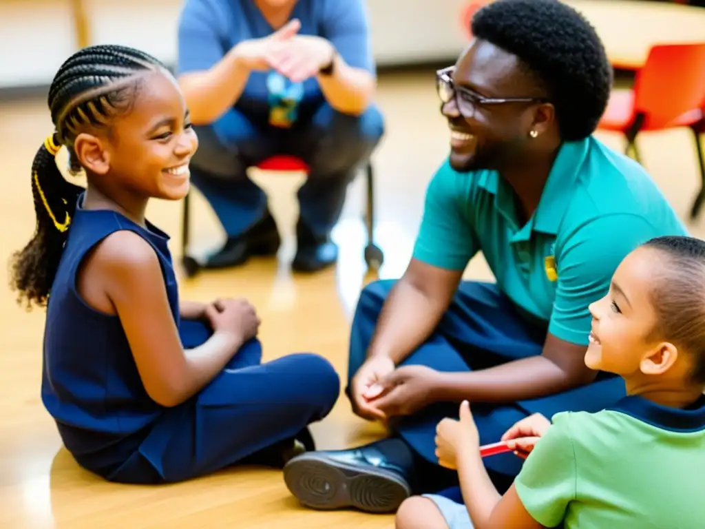 Niños con discapacidad y maestros participan en una clase inclusiva, promoviendo los derechos de los niños con discapacidad