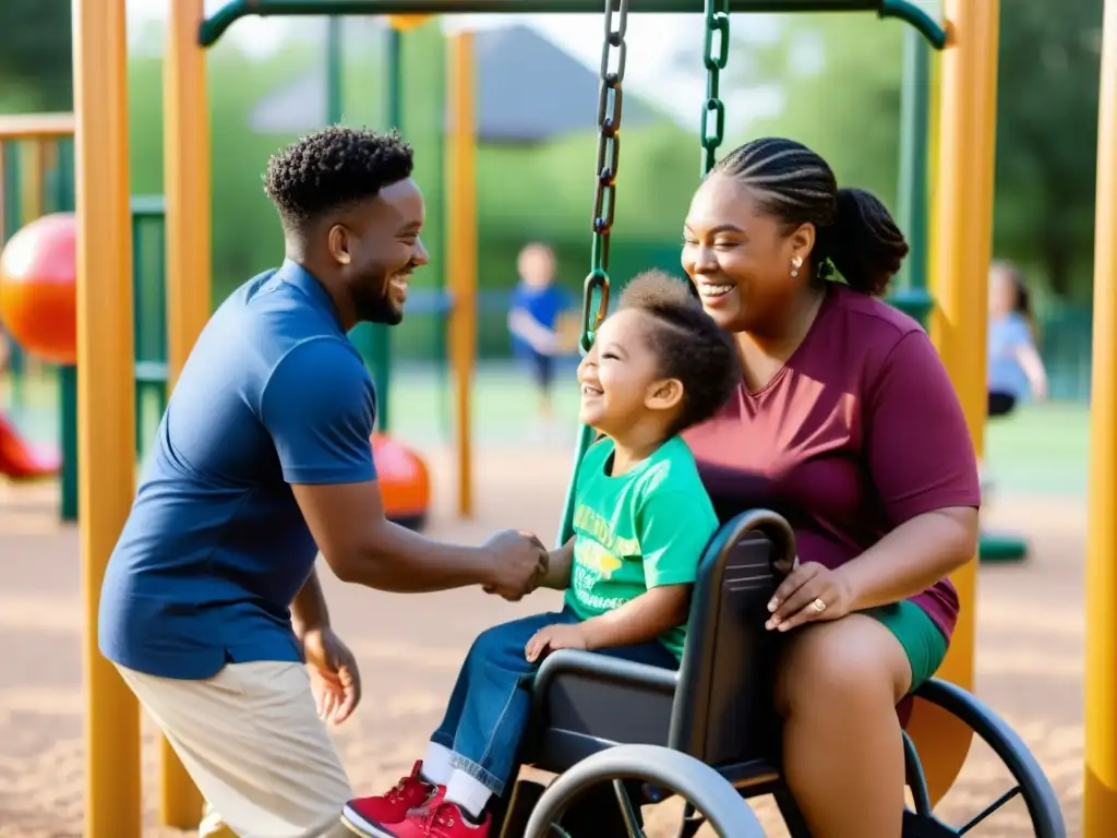 Diversos niños con discapacidad juegan y disfrutan en un parque inclusivo, resaltando los derechos humanos de los niños con discapacidad