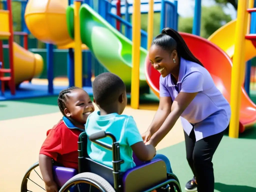 Niños con discapacidad juegan y se divierten en un parque inclusivo, rodeados de colores y diversión