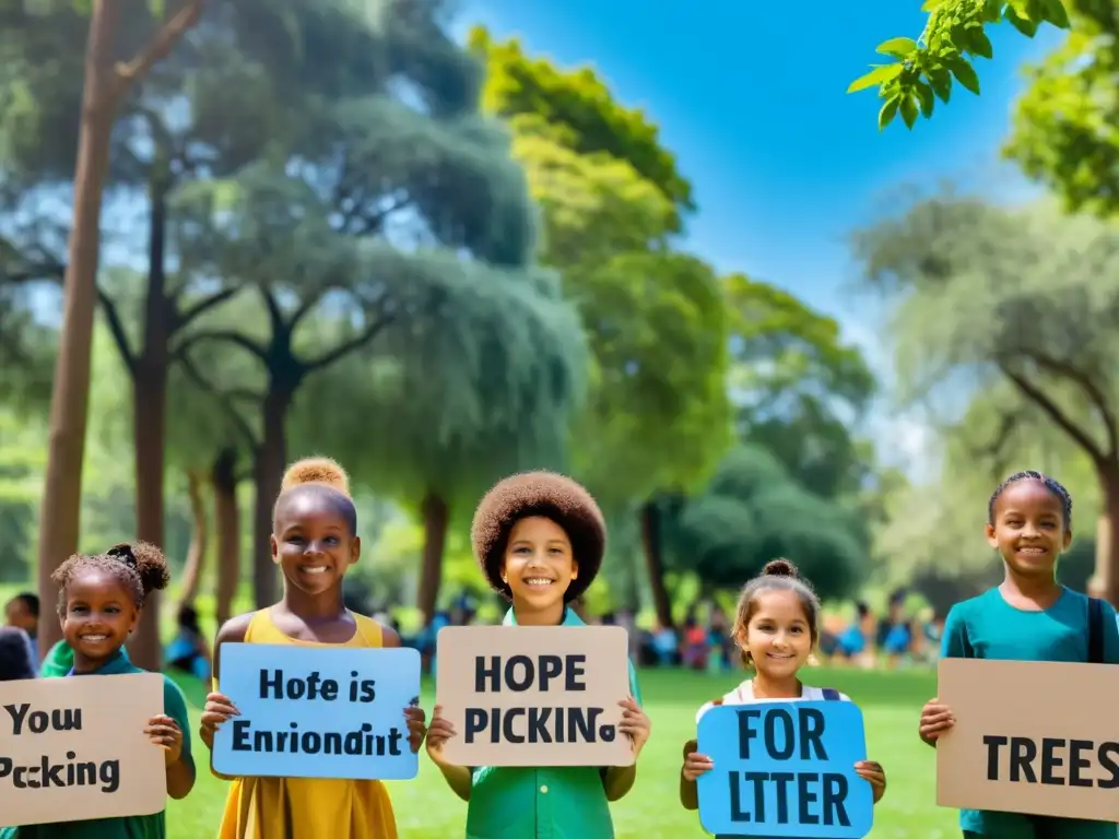 Niños de diversas edades y etnias juegan y cuidan el ambiente en un parque