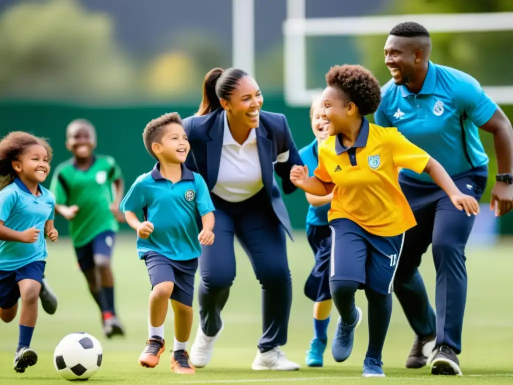 Niños de diferentes edades y géneros juegan con apoyo de padres y comunidad, promoviendo la inclusión de género en el deporte escolar