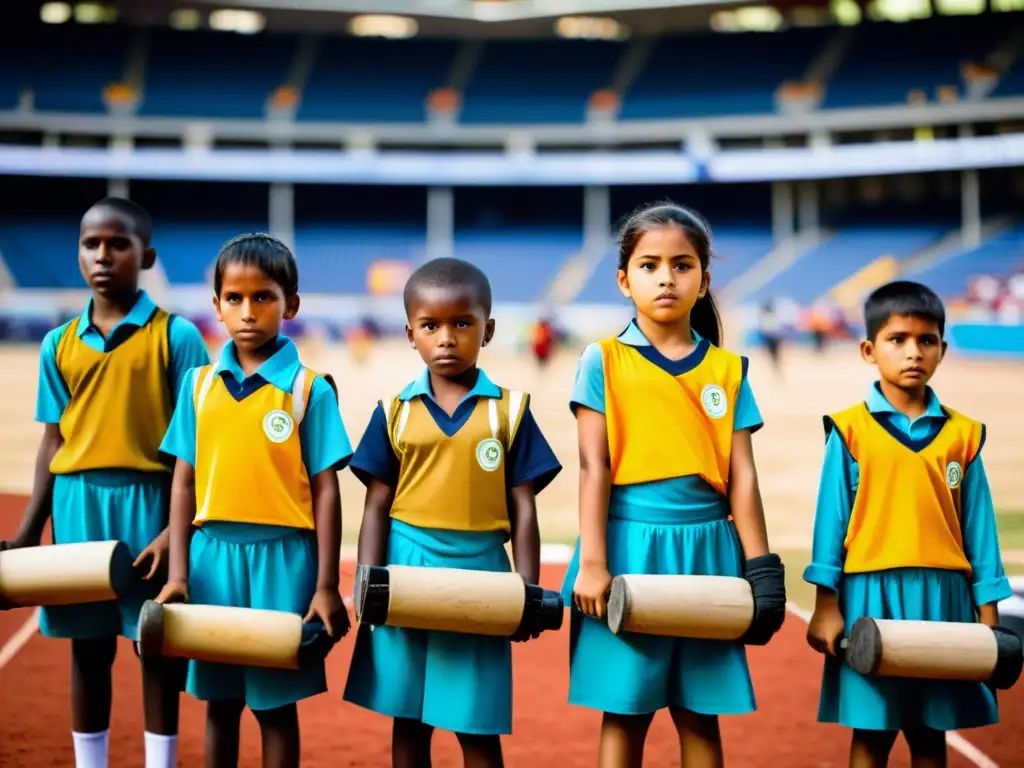 Niños trabajando en estadio deportivo, cargando equipo pesado