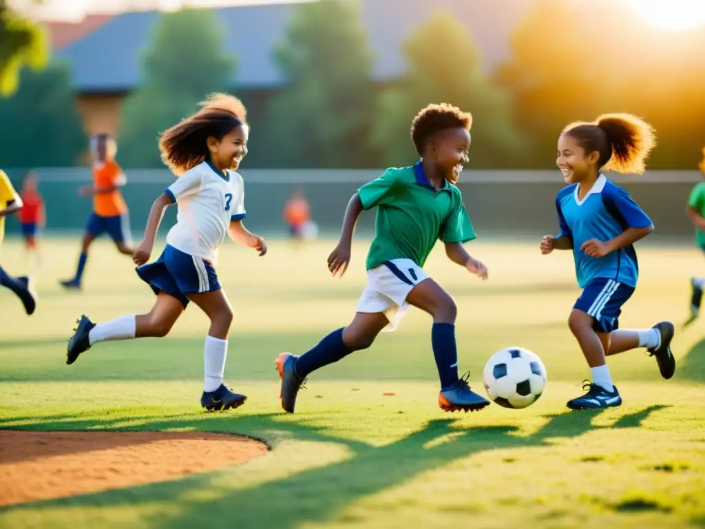 Niños de distintas etnias juegan amistoso partido de fútbol en la escuela, promoviendo la inclusión y la igualdad en el deporte escolar