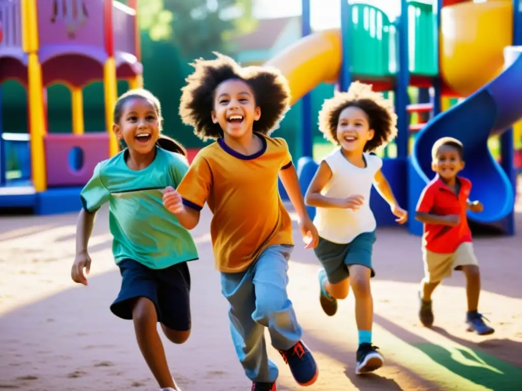 Niños de distintas etnias juegan en un colorido parque, transmitiendo alegría y unidad