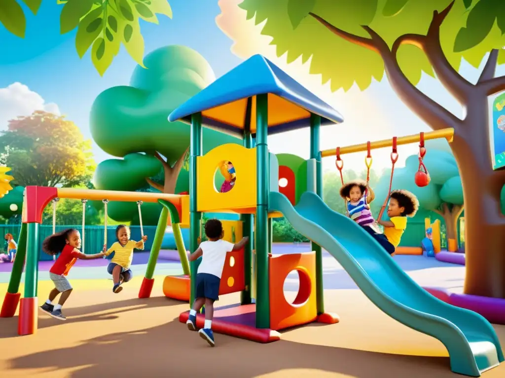 Niños de diversas etnias juegan felices en un parque inclusivo y colorido, rodeados de naturaleza