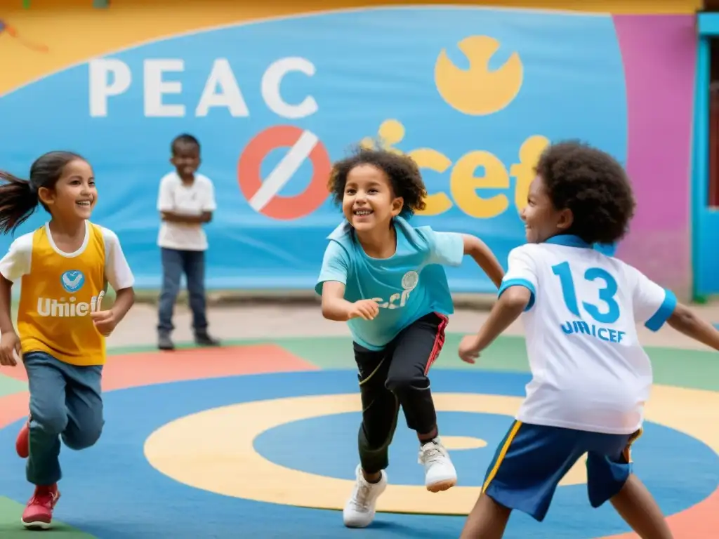 Niños de diferentes etnias juegan y se divierten juntos en un parque inclusivo y seguro, supervisados por voluntarios de UNICEF