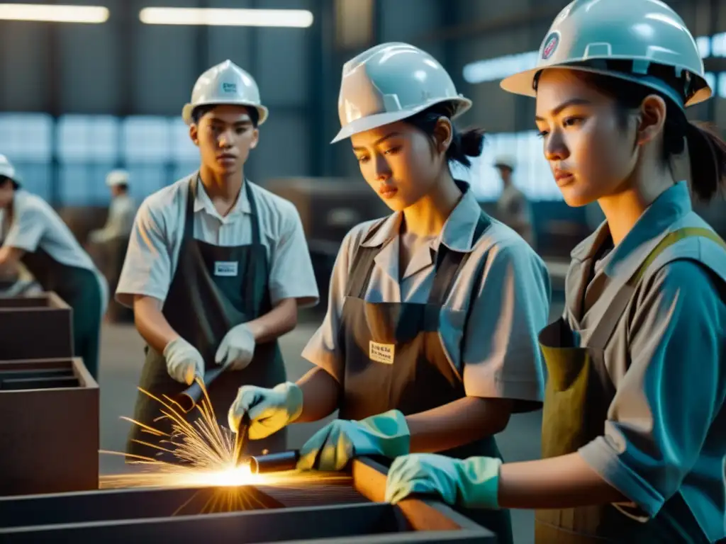 Niños trabajando en fábrica bajo condiciones duras, evocando la urgencia de la erradicación del trabajo infantil en empresas