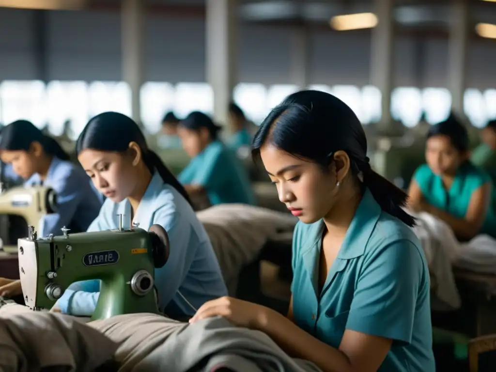 Niños trabajando en fábrica, con expresiones cansadas y pocas protecciones