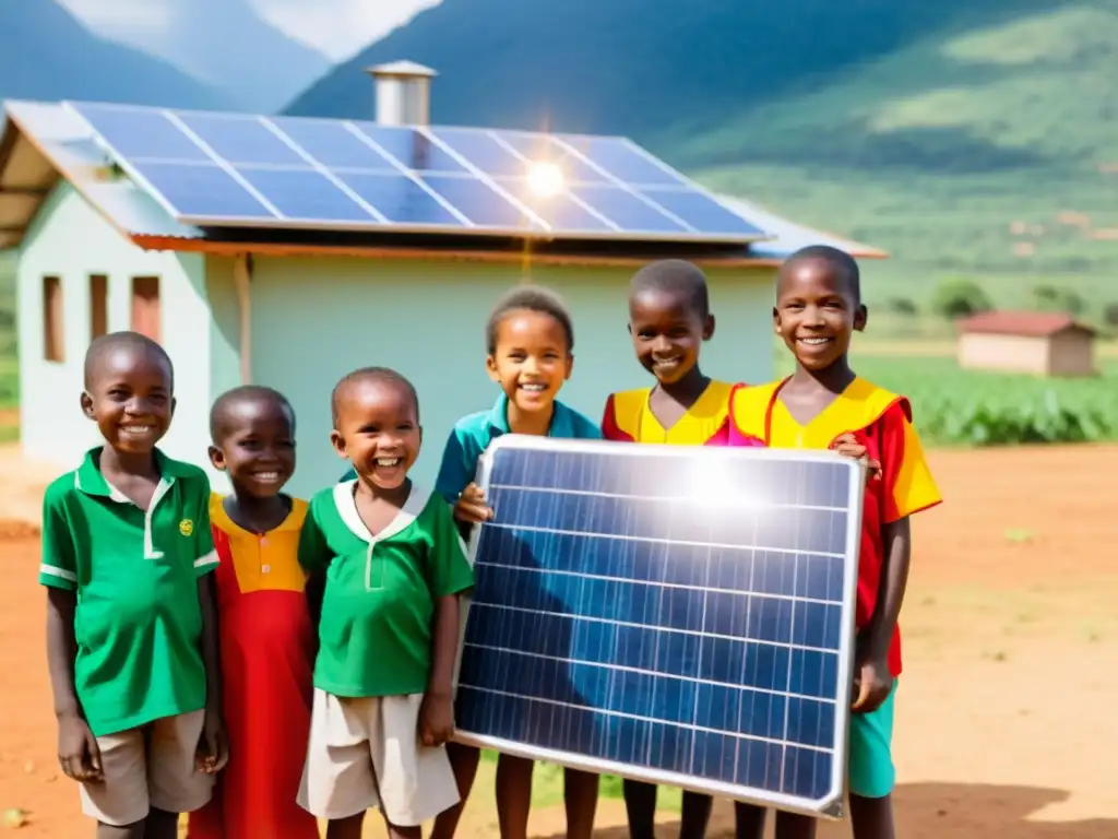 Niños felices observan panel solar en comunidad rural, representando acceso a la energía limpia y derechos humanos