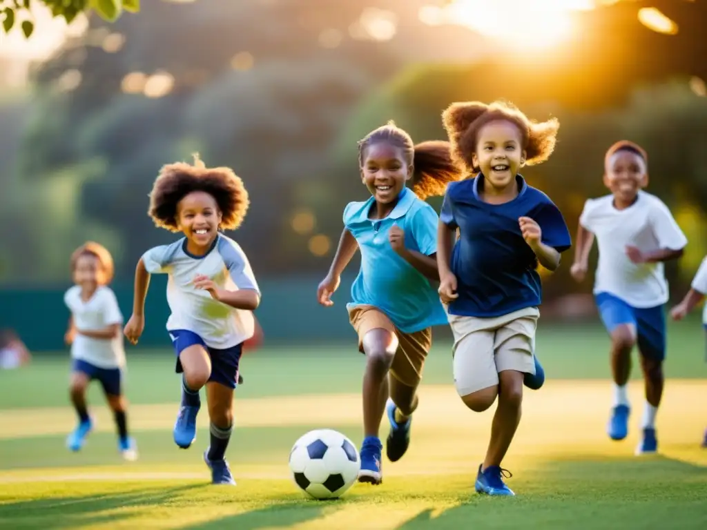 Niños diversos juegan felices en el parque al atardecer, fomentando la importancia del deporte en el desarrollo infantil