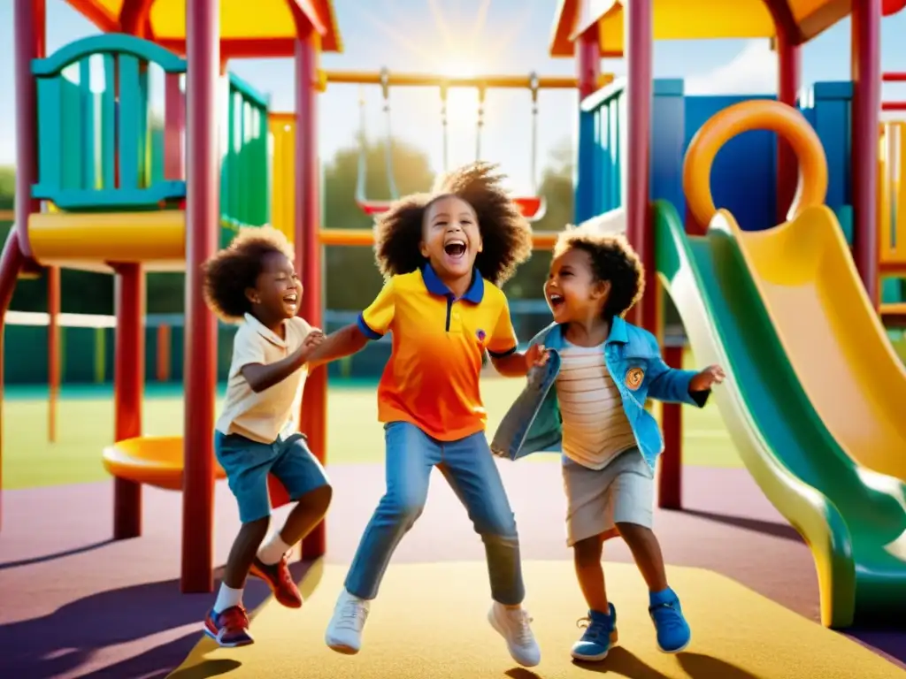 Niños jugando felices en un parque colorido, mostrando resiliencia y alegría a pesar de los efectos pandémicos en los derechos de los niños