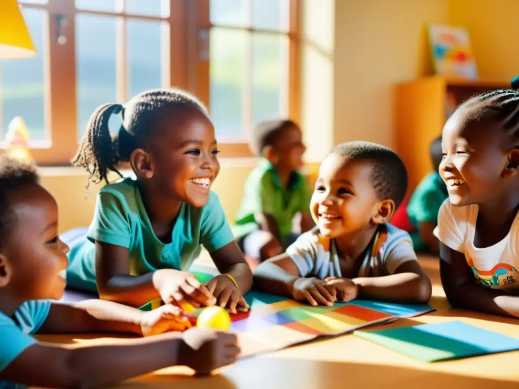 Niños felices y seguros aprendiendo, rodeados de adultos y materiales educativos coloridos