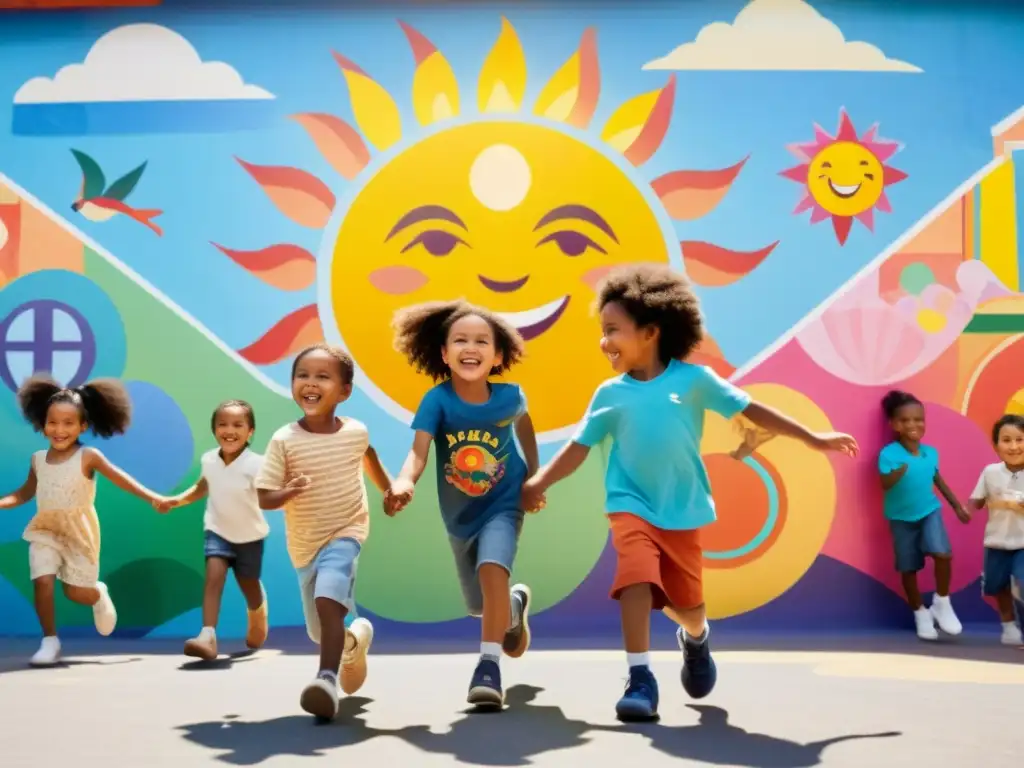 Niños felices jugando y unidos en comunidad, rodeados de arte colorido que representa la alegría y la unidad