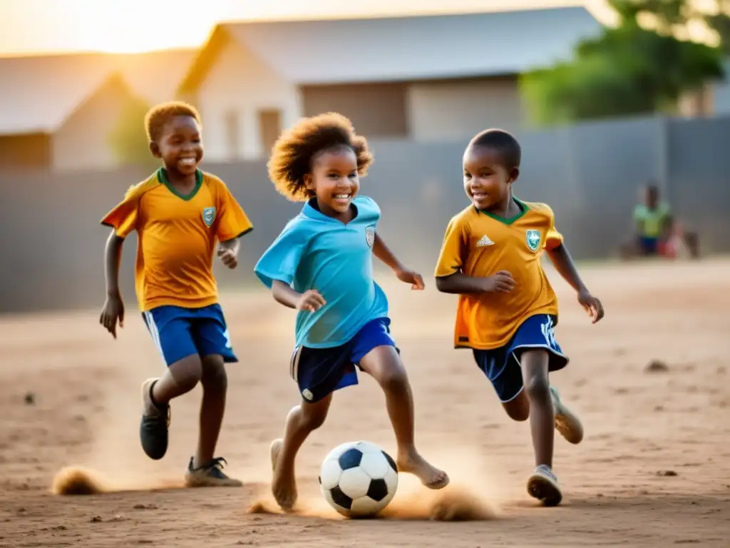 Niños juegan fútbol con pasión en un campo improvisado al atardecer, transmitiendo inclusión social y derechos humanos