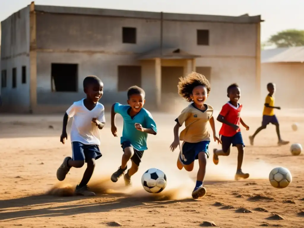 Niños jugando fútbol con entusiasmo en un campo polvoriento, contrastando con un edificio en ruinas