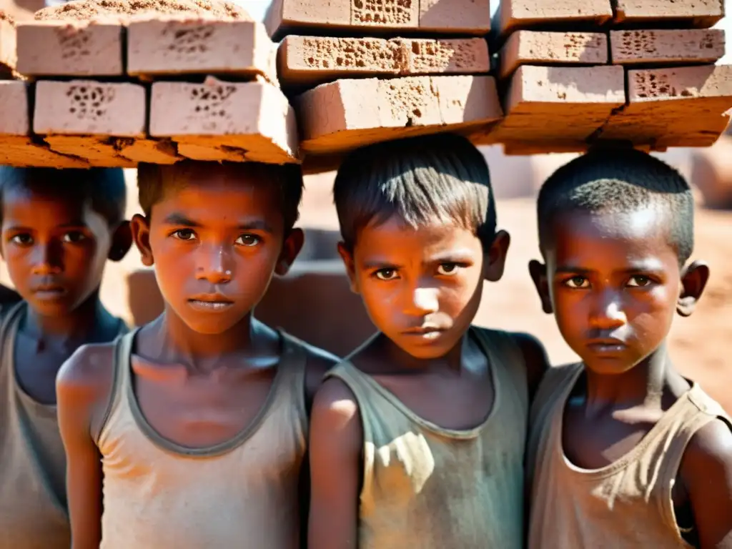 Niños trabajando en un horno de ladrillos bajo el sol, cargando pesadas cargas