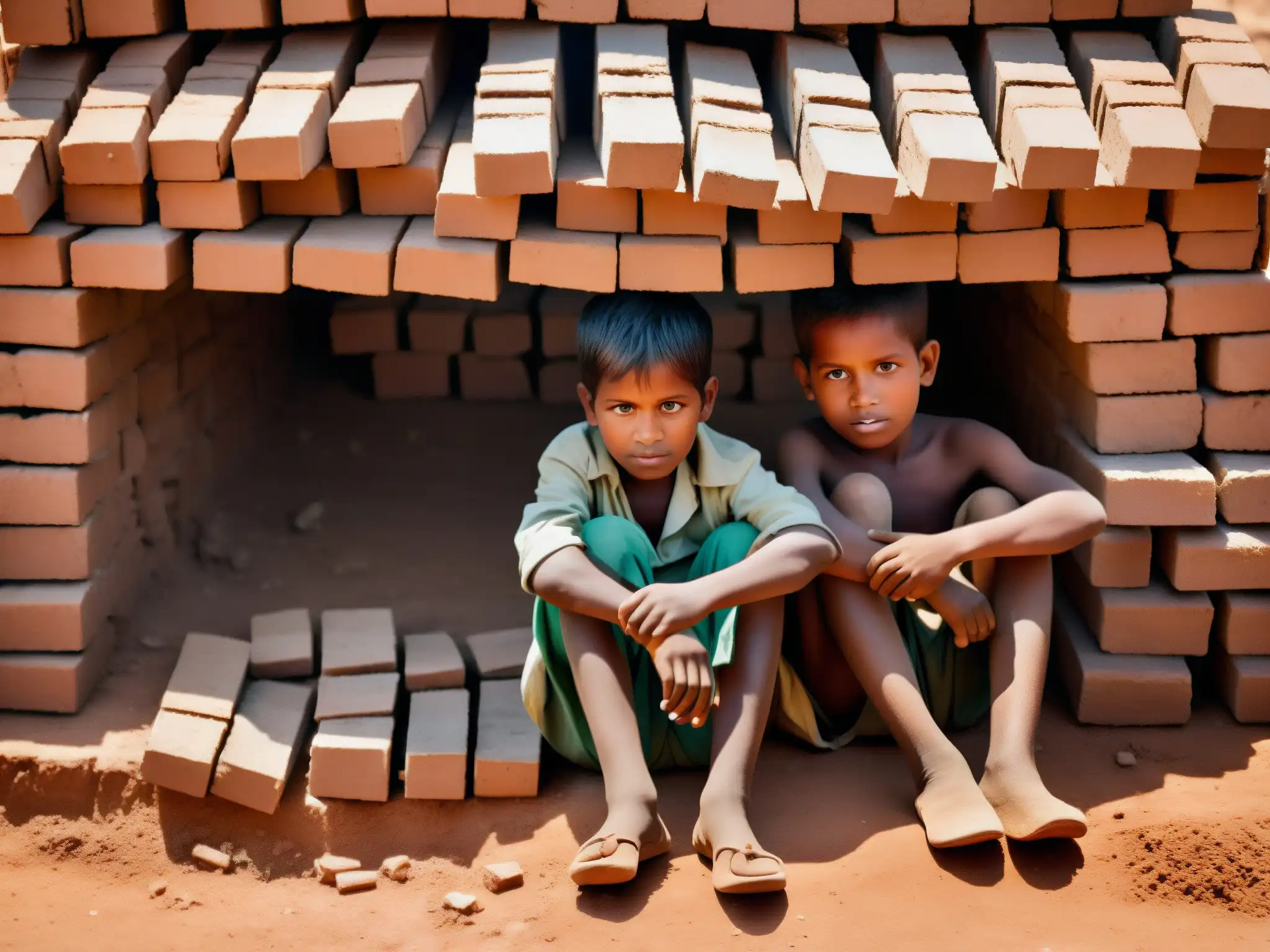 Niños trabajando en un horno de ladrillos bajo el sol abrasador, cargando pesadas cargas en sus cabezas